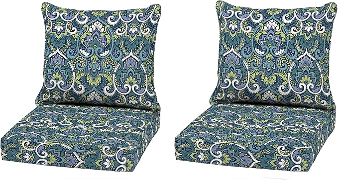 Arden Outdoor Deep Seat Cushion Set (2-Pack), 22 in x 24 in, Weather-Proof, Rain-Proof, Fade Resistant Patio Cushion for Chair, Sofa, and Couch Sapphire Aurora Blue Damask