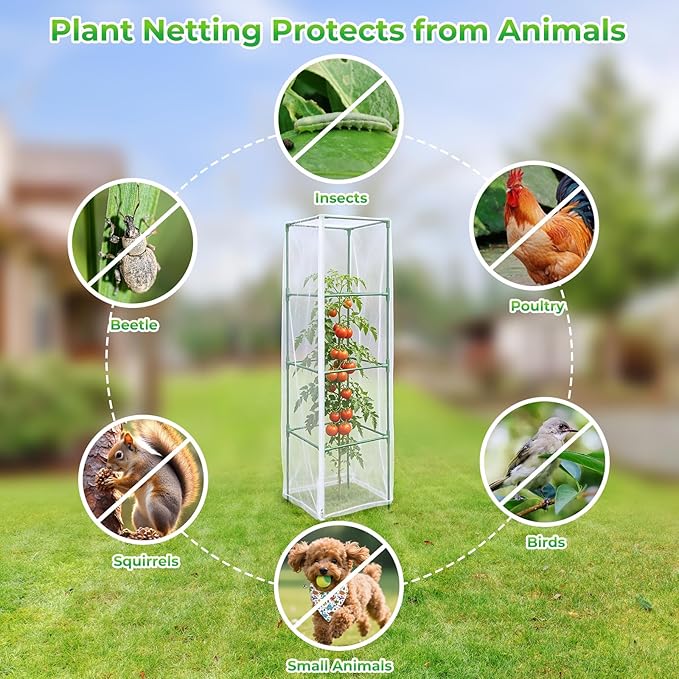 3 Pack Bird Netting Plant Cover for Tomato Cage with Zipper Drawstring, 57"x17.7" Mesh Covers for Garden Plants, Insect Small Animal Barrier Protection Net for Blueberry Bush Shrubs Fruits (No Cage)