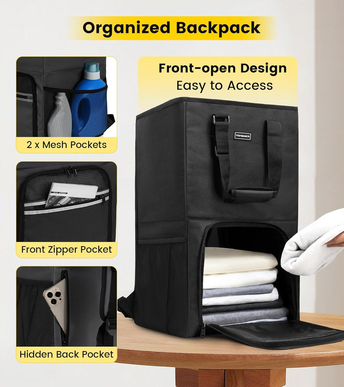 Vorspack Laundry Bag Backpack - Extra Large Heavy-Duty Laundry Hamper with Shoulder Straps | Black
