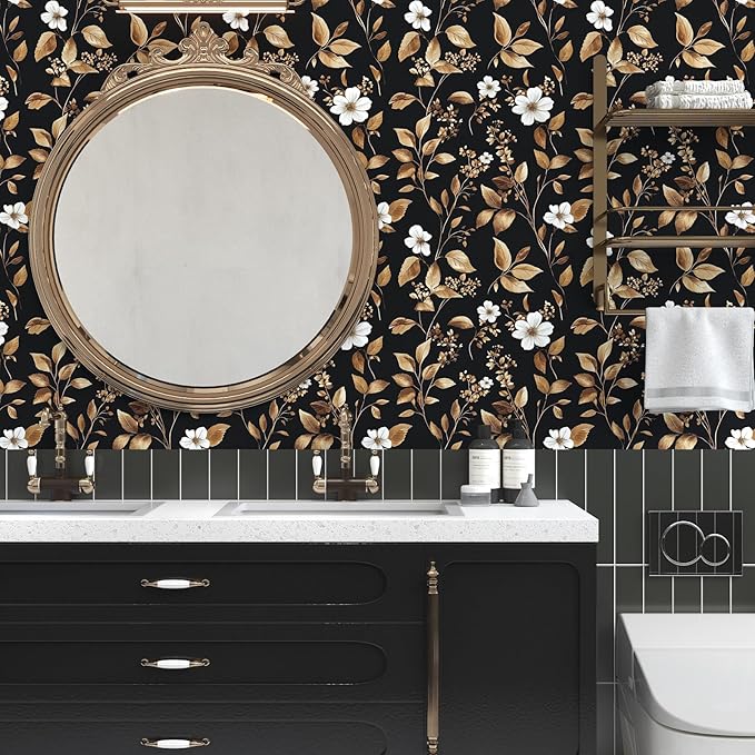 Vintage Black Peel and Stick Wallpaper – Black and Gold Floral Leaf Design Dark