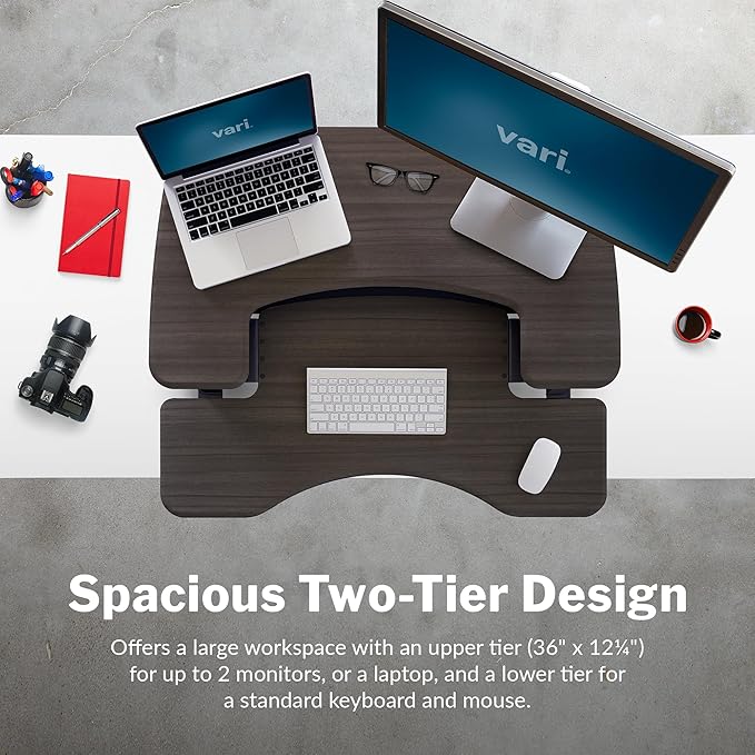 Vari Varidesk Pro Plus 36 Standing Desk Converter for Home Office – 11 Height Settings + Spring-Loader Lift, 2 Tier Design with Keyboard Tray, Fits Tables 26.5" Deep – Fully Assembled (Espresso)