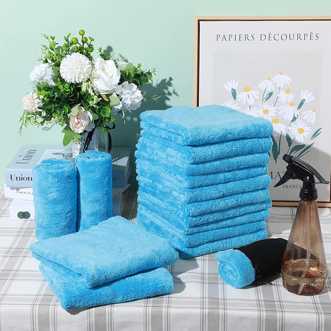 Shimeyao 30 Pcs 16 x 16 Inch Edgeless Microfiber Plush Towels for Cars Detailing Drying Wash Polishing Absorbent Cleaning Cloths, 500 GSM (Light Blue)