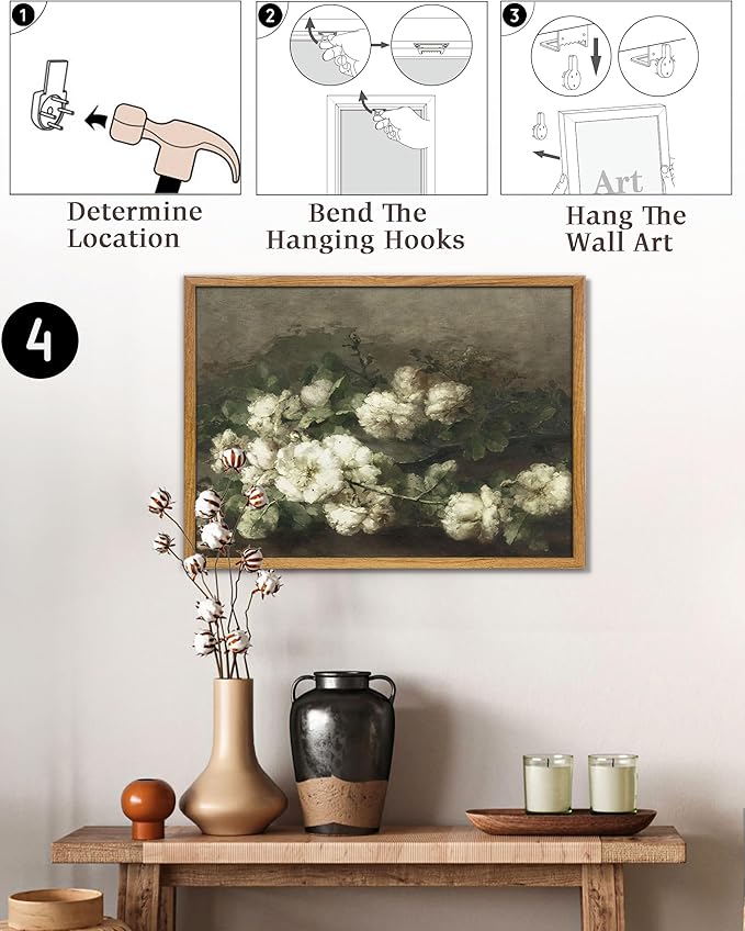 UPWOIGH 16x24 in Large Framed Wall Art, Cream White Roses Bouquet Oil Painting Canvas, Vintage Floral Botanical Still Life Print, Retro Moody Wall Decor for Living Room Bedroom, 1 Pack Gift
