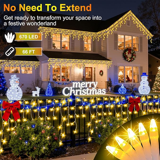 670 LED 66FT Christmas Lights with 148 Drops, 12 Modes Dimmable Warm white Outdoor Hanging Lights with Timer Memory, Waterproof Curtain Lights for Home Bedroom Indoor Tree Window Roof Fence Wedding