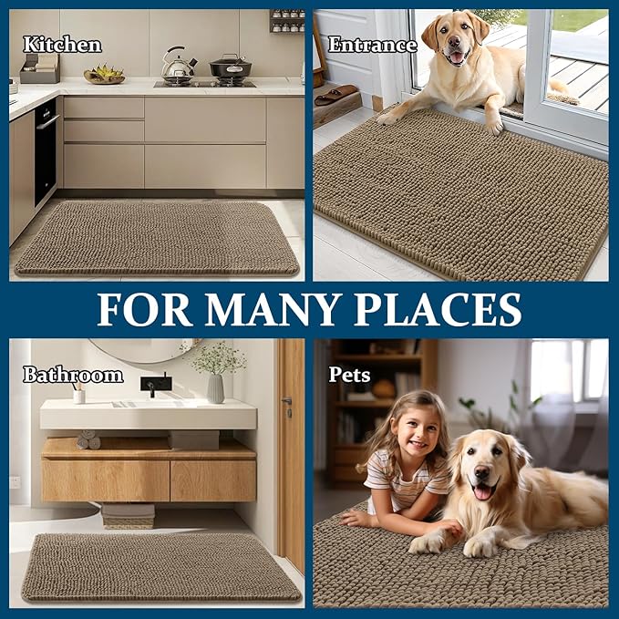 OLANLY Dog Door Mat for Muddy Paws 59x20, Absorbs Moisture and Dirt, Absorbent Non-Slip Washable Doormat, Quick Dry Chenille Mud Mat for Dogs, Entry Indoor Entryway Carpet for Inside Floor, Tan