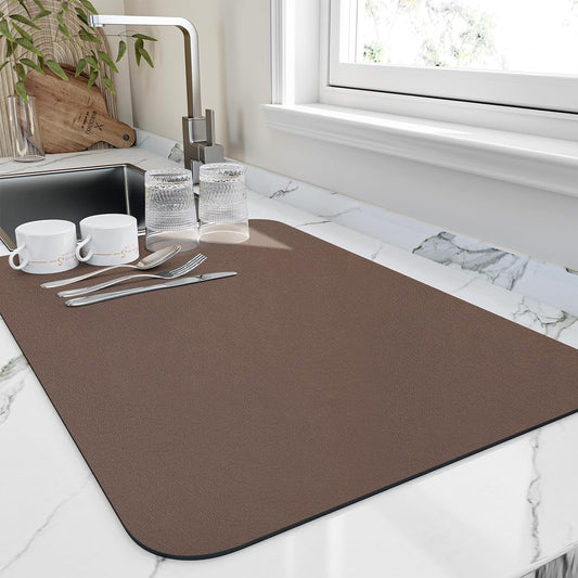 Dish Drying Mat for Kitchen Counter, Heat Resistant Drainer Mats with Non-slip Rubber Backed, Hide Stain Kitchen Super Absorbent Draining Mat, Easy to Clean Dish Rack Pad, Brown 18"x24"