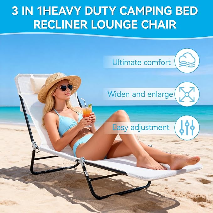 Outdoor Chaise Lounge with Detachable Pillow, Reclining Folding Chair with 5-Position Adjustable Back, Portable Tanning Chair For Beach, Pool, Lawn, Breathable Mesh Seat, No Assembly (Cream White)