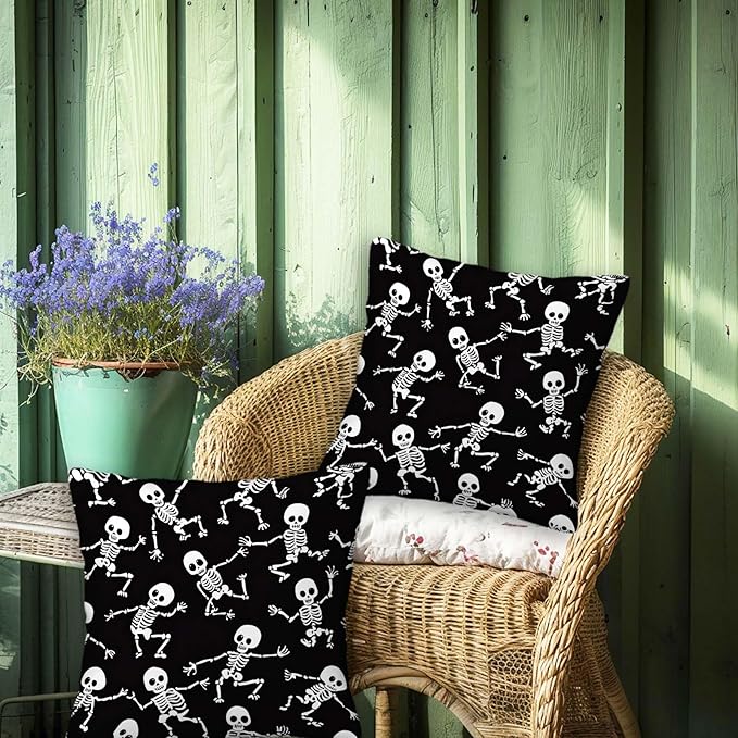 Skeleton Throw Pillow Cover 18x18 Set of 2, Halloween Skull Cushion Case for Couch, Sofa, Bed and Living Room, Zipper Closure Pillow Cases, Home Decor for All Seasons