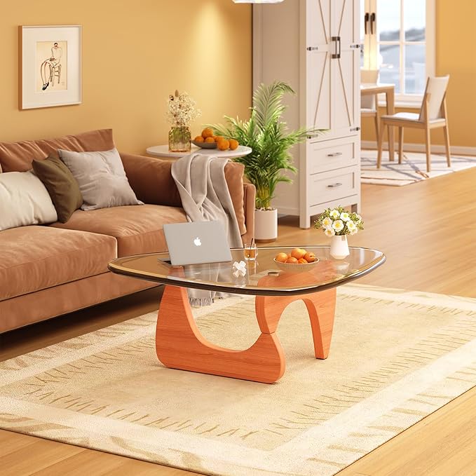Coffee Table for Living Room Mid Century Modern Center Small Table with Glass Top and Wood, Walnut Transparent(36 Inch)