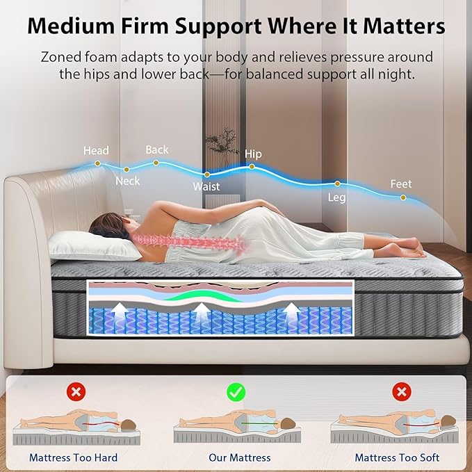 Twin Mattress 12 Inch, Medium Firm Hybrid Mattress with Lumbar-Zoned Foam and Pocket Springs for Motion Isolation and Edge Support