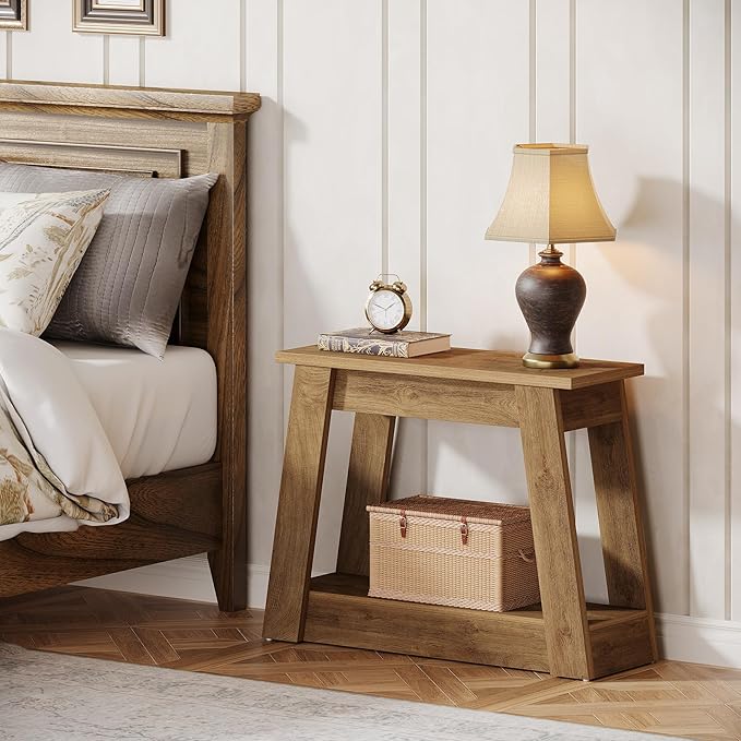 Tribesigns Wood End Table, Small Side Table with 2 Storage Shelves, Rustic Accent Narrow Nightstand for Living Room, Bedroom (1, Light Brown)