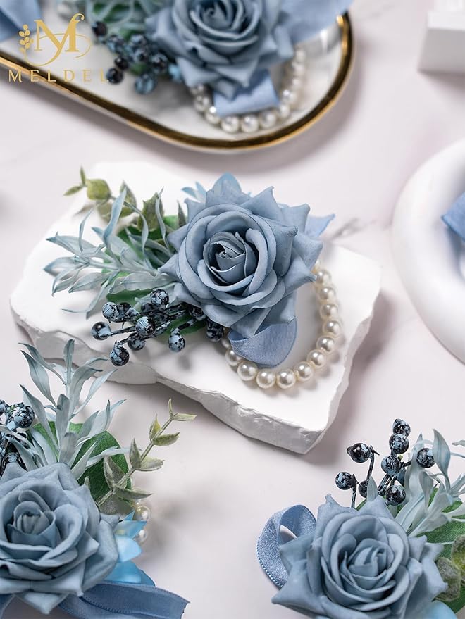 Meldel Dusty Blue Rose Wrist Corsage for Women, Set of 6, Wedding Bridal Corsage Hand Flower Decor for Prom Corsages Party Homecoming, Wristband Flowers for Bride Bridesmaid Girl Mother Wristlet Décor