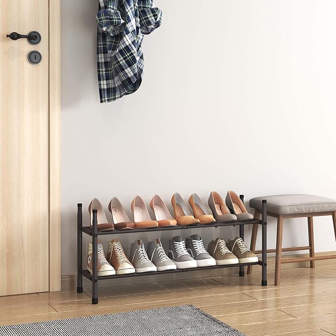 TZAMLI 2-Tier Shoe Rack for Closet, Expandable and Stackable Shoe Organizer Adjustable Metal Shoe Storage Small Shoe Shelf for Entryway Entrance, Brown