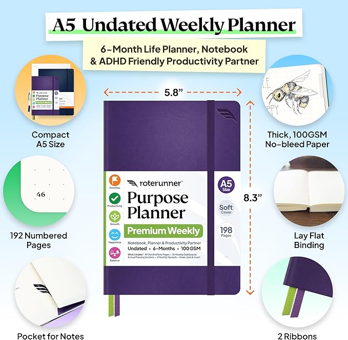 Roterunner Purpose Planner Notebook A5 5.8”x8.3” Undated 2026 Daily Weekly and Monthly Productivity Goal Setting Tool for Work Home ADHD Planner for Adults Self Care Journal (Purple Softcover)