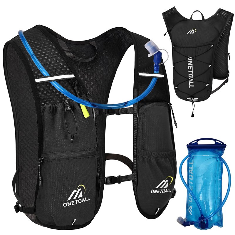 ONETOALL Running Vest for Women & Men,6L Hydration Backpack with 2L Water Bladder,Lightweight Water Backpack for Trail Running, Marathon, Hiking, Cycling, Jogging, Adjustable Fit Black