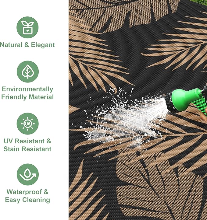 Outdoor Rug 6’x9’ Waterproof for Patio Clearance, Reversible Indoor Outdoor Plastic Straw Camping Rug Carpet, RV Mat, Large Area Rug for Deck, Backyard, Balcony, Porch, Beach, Black & Brown