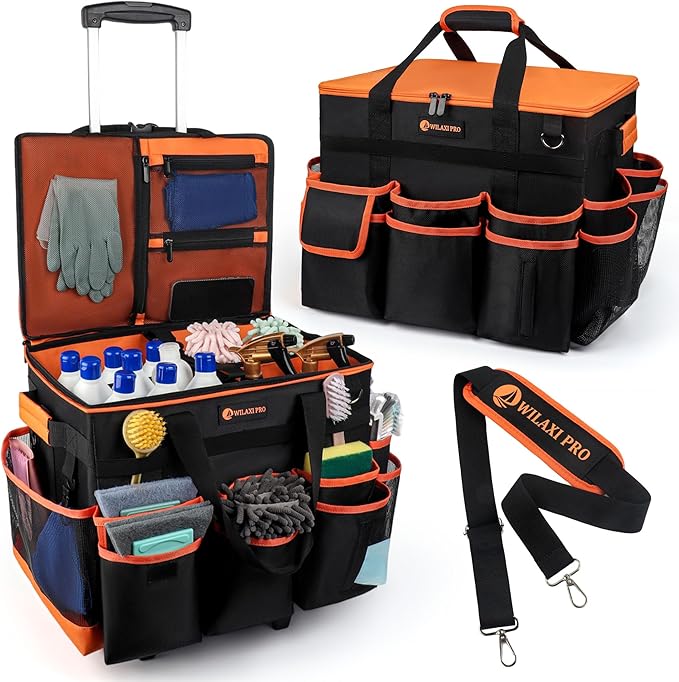 WILAXI PRO Large Rolling Cleaning Caddy with Wheels and Detachable Trolley, Extra Large Water-Resistant Cleaning Cart for Housekeepers, Cleaning Supplies Organizer with Multi-Pockets Tools Storage
