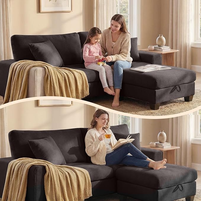DOPEDIO L-Shaped Sectional Sofa with Storage Ottoman, Modern Chenille Recliner Loveseat, Removable Couch Covers, Pocket Spring Cushions, Solid Wood Frame, Easy to Install (88.58inch, Dark Grey)
