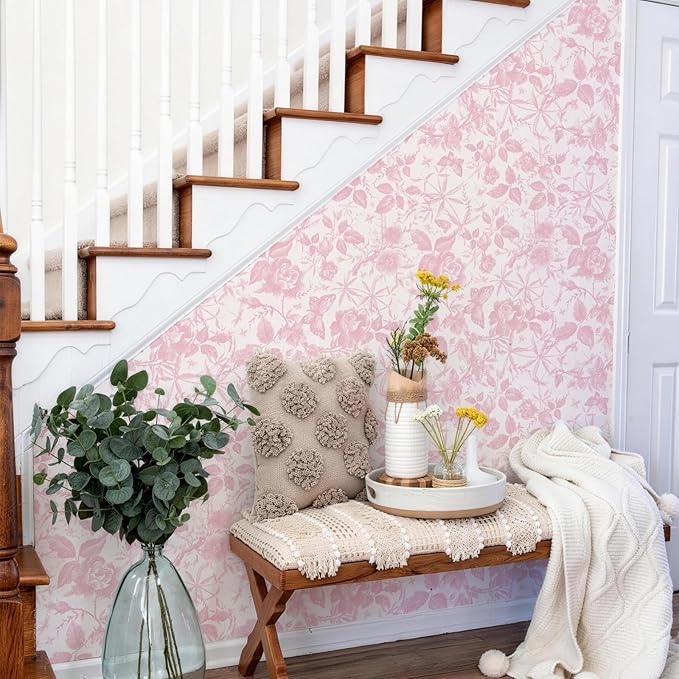 JiffDiff Floral Vintage Wallpaper Peel and Stick，Pink Rose Wallpaper Removable