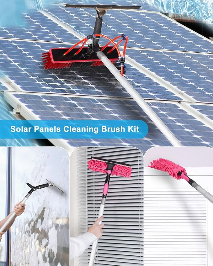 35ft Solar Panel Cleaning Brush & Squeegee, 2 Dusting Brush, Lightweight & Extendable Poles, Water Fed Poles Kit for Roof Window Greenhouse