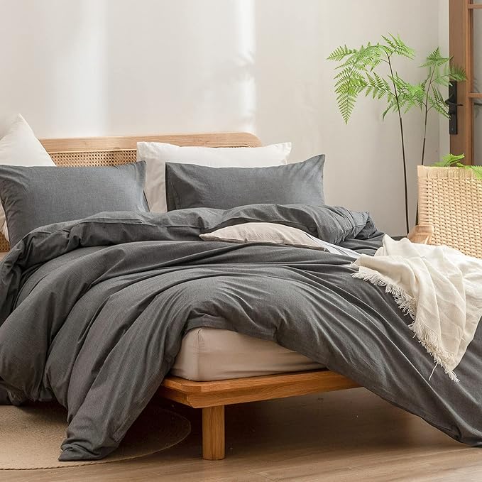 BESTOUCH Duvet Cover Set 100% Washed Cotton Linen Feel Super Soft Comfortable Chic Lightweight 3 PCs Home Bedding Set Solid Dark Grey Super King Plus