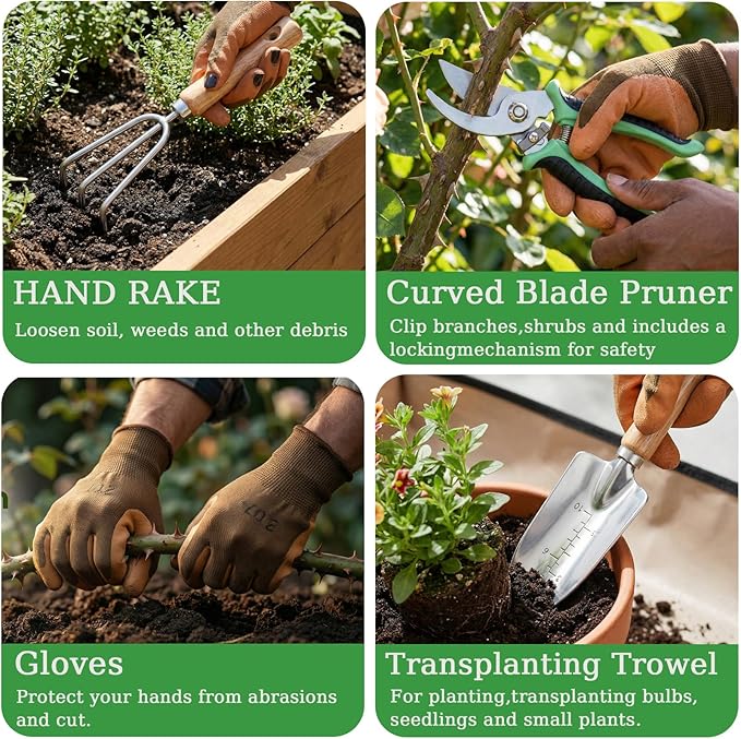 Heavy Duty 10-Piece Garden Tool Set, Rust-Proof Stainless Steel Gardening Hand Tools, Ergonomic Non-Slip Grips, Ideal Gardening Gifts for Women & Men – Gardening Essentials (Green)