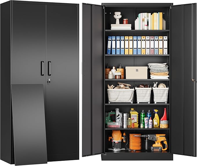 SISESOL Metal Storage Cabinet with 2 Doors and 6 Shelves,Black Metal Cabinet with Lock,71" Lockable Garage Storage Cabinets,Locking File Cabinet,Steel Tool Cabinets for Home,Office,Garage,Shop,School