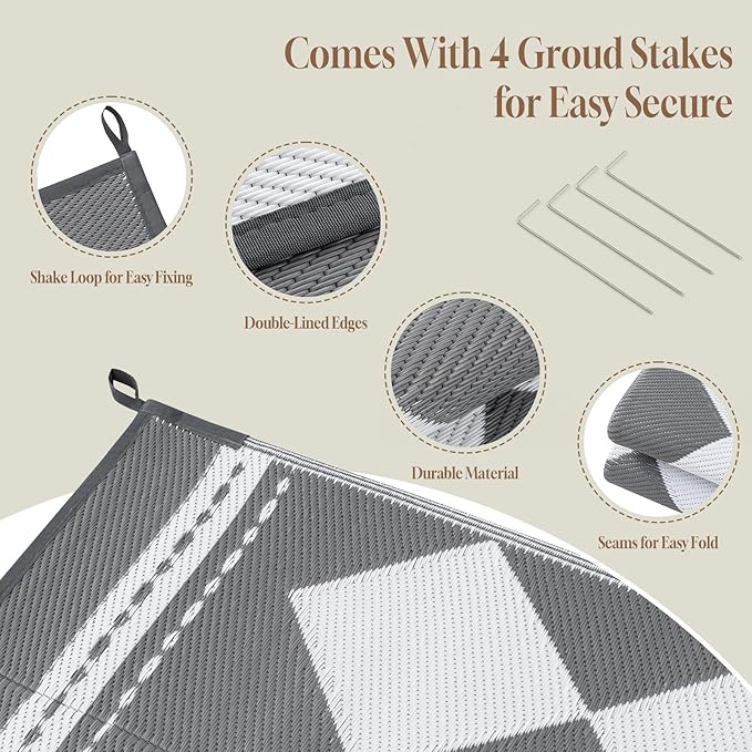 OMERAI Reversible Waterproof Outdoor Rug for Backyard,Plastic Textured Resistant Outdoors Rugs,Portable Washable Easy Cleaning Foldable Camping Beach Carpet for Patio Courtyard, 6'x9' Gray & White