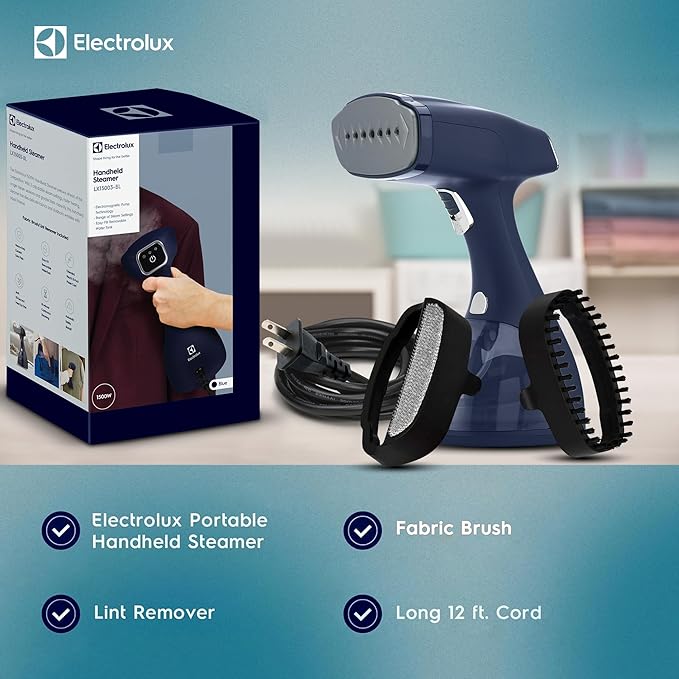 Electrolux Steamer for Clothes, LX15003 Portable Handheld Fabric and Garment Steamer Iron Press Wrinkle Remover with Lint Remover & Fabric Brush – Blue