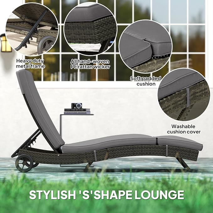 Outsunny Wicker Chaise Lounge Chair Outdoor with Wheels & Cushion, PE Rattan Patio Lounge Chair with 5-Level Adjustable Backrest for Poolside, Garden, Gray