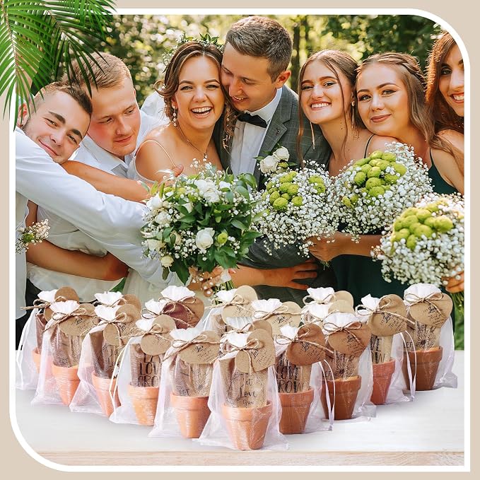 Reallnaive 24 Sets Wedding Favor Flower Seeds Let Love Grow Seed Packets for Guests Family Reunion Wildflower Mini Terracotta Pots Seed Packets Self Adhesive Envelopes Thank You Tags Organza Bags