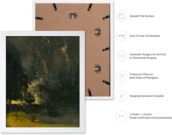 Poster Master Vintage Nocturne in Black and Gold Painting Poster - Retro The Falling Rocket Print - Abstract Art - Moody Art - Landscape Art - Office or Living Room Decor, 8x10 White Framed