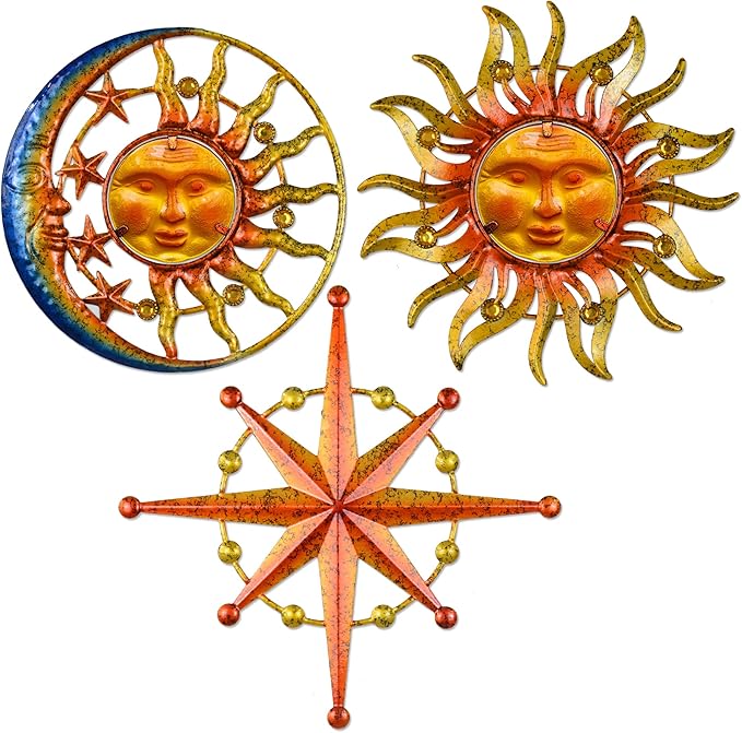 Sun Moon Star Metal Wall Art, Glass Sun Face Weird Decor, Set of 3, Valentine Wall Decor for Patio Garden Balcony Porch Yard, Farmhouse Bedroom Living Room Wall Decorations