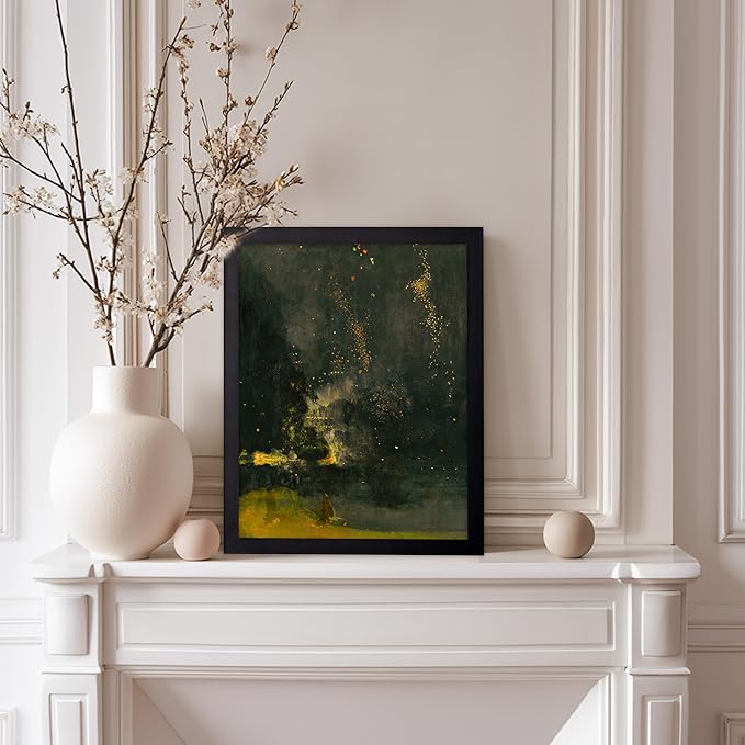 Poster Master Vintage Nocturne in Black and Gold Painting Poster - Retro The Falling Rocket Print - Abstract Art - Moody Art - Landscape Art - Office or Living Room Decor, 8x10 Black Framed