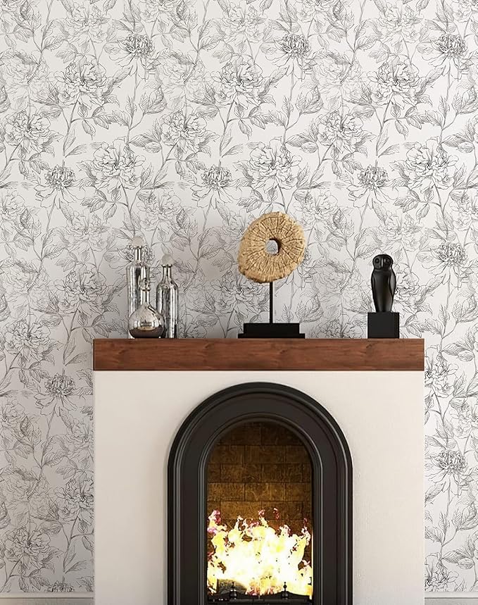 JiffDiff Floral Wallpaper Black & White Peel and Stick Vintage Peony Wall Paper