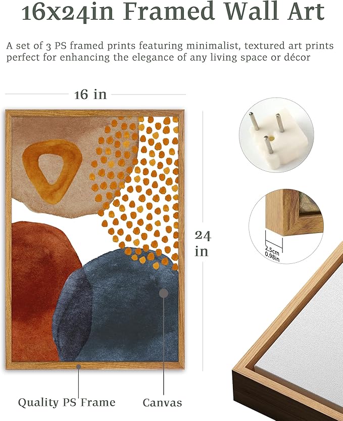 UPWOIGH Large Framed Canvas Wall Art, Set of 3 Watercolor Decor in Navy Blue, Terracotta, Burnt Orange, Beige, 16x24in Minimalist Natural Cotton Posters, Boho Modern Aesthetic for Living Room, Bedroom