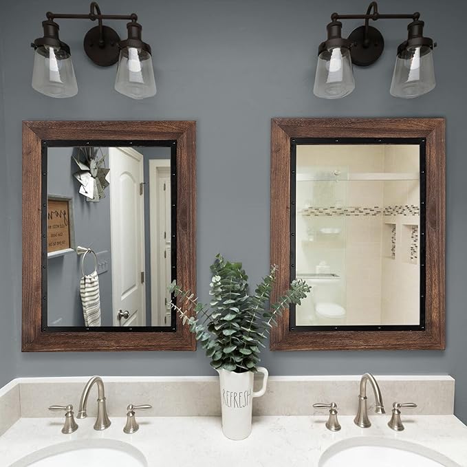 YOSHOOT Rustic Wooden Framed Wall Mirror, Natural Wood and Iron Bathroom Vanity