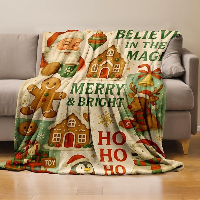 Christmas Throw Blanket Gifts for Boys Girls Kids Adults, Santa Reindeer Gingerbread Flannel Blankets for Travel Sofa Living Room Decor 50"X60"