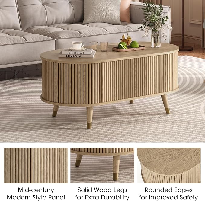 42.5" Oval Lift Top Coffee Table with Storage, Modern Oak Center Table with Fluted Design,Pop Up Coffee Table for Living Room,Solid Wood Legs & Hidden Compartment