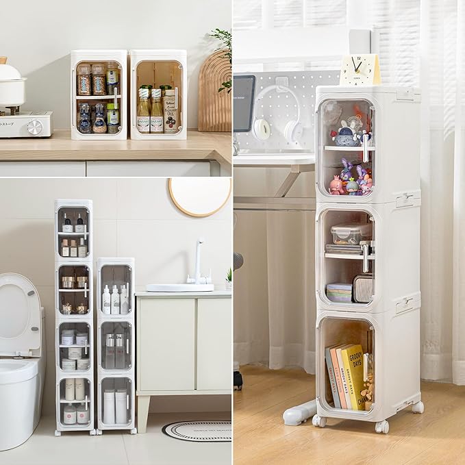 Narrow Bathroom Storage Cabinet with Wheels,5-Tier Plastic Slim Organizer with Adjustable Shelves for Small Spaces,Bathroom, Kitchen, Cream White
