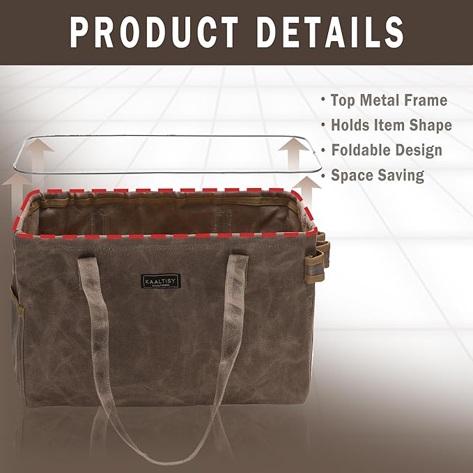 Tool Bag, Foldable Rectangular Hand Tool Storage Bag, 16OZ Waxed Canvas Tool Bag Case - with External Pockets + Sturdy Handles + Top Metal Bar - for Carpenter Repairman Gardener | Grey | 15"Lx7"Wx10"H