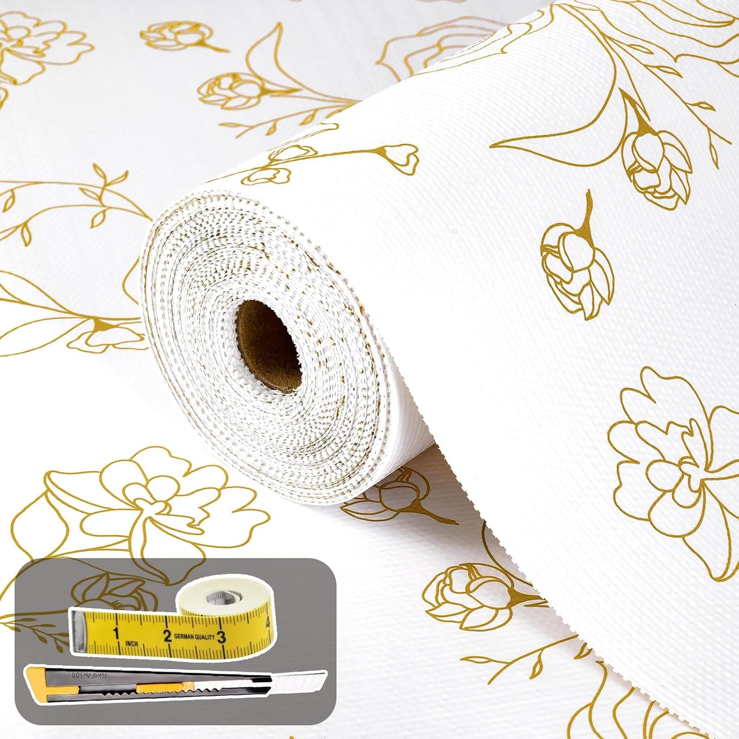 Shelf Liners for Kitchen Cabinets Non Adhesive Drawer Liner 23.6in x 30FT Gold Floral Thickened Shelf Liner Paper Strong Non-Slip Easy to Clean for Tool Box Refrigerator