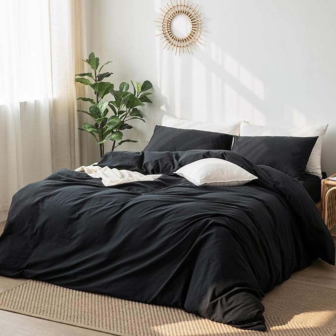 MooMee Bedding Duvet Cover Set 100% Washed Cotton Linen Like Textured Breathable Durable Soft Comfy (Solid Black, Queen 90"x90")