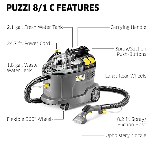 Kärcher Puzzi 8/1 C Commercial Carpet Extractor 12.5 PSI - Spot Cleaner, Stain Remover, Area Rugs, Car and Auto Detailing, Carpet and Upholstery Cleaner - Onboard Accessory Storage - 3.9 Gallon Tank
