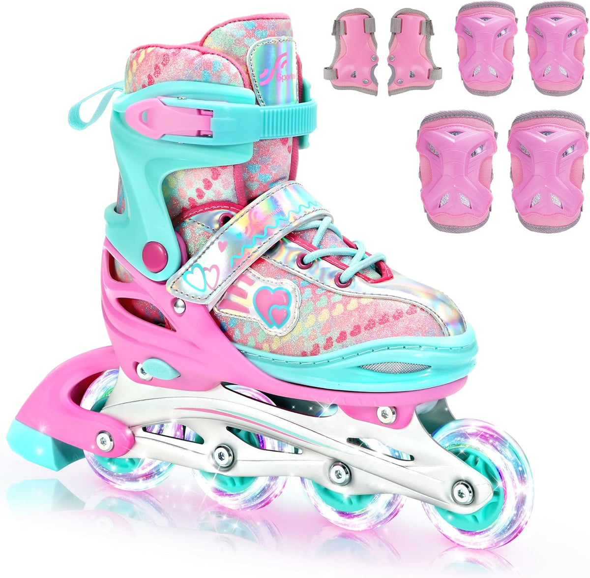 Sportneer Adjustable Inline Skates for Girls | Light-Up Wheels & Protective Gear Set | Sizes 12C-9