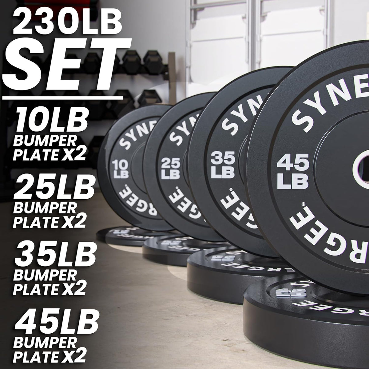 Synergee Bumper Plates – Durable Olympic Weight Plates, Low-Bounce Rubber for Strength Training, Powerlifting, and Functional Workouts.
