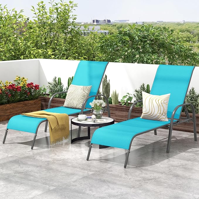 Giantex 2 Pack Patio Lounge Chair, Outdoor Chaise Lounge with 5 Adjustable Backrest, Sturdy Steel Frame, Sunbathing Recliner, Tanning Chair for Beach, Outside, Yard, Balcony, Pool Chairs (2,Turquoise)
