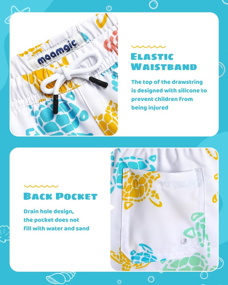 maamgic Boys Swim Trunks with Compression Liner Toddler Stretch Swim Shorts Quick Dry Swimming Trunks Boxer Brief 2 in 1 Beach Shorts White Colorful Turtles 2T