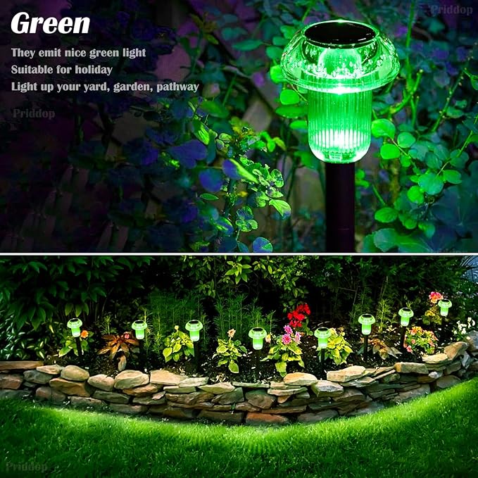 Priddop Solar Lights Outdoor Pathway Waterproof 8 Pack Green LED Green Stake Acrylic Mushroom Decorative Garden Lights for Yard Landscape Patio Outside Decorations