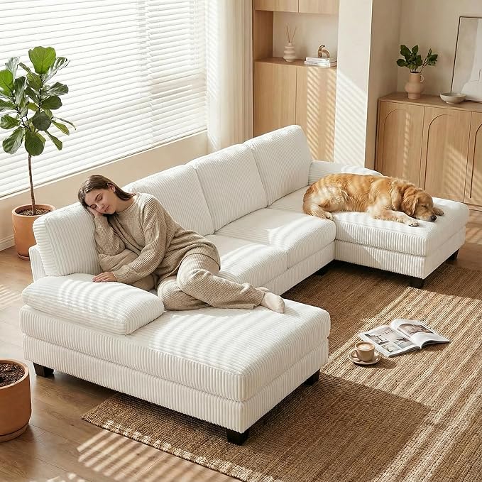 Homall Modular Sectional U Shaped Sofa Couches for Living Room, Comfy Chenille 4 Seat Sofa Set with Removable Pillows, Lounge Chaise Upholstered Couch for Apartment (Corduroy, Beige)